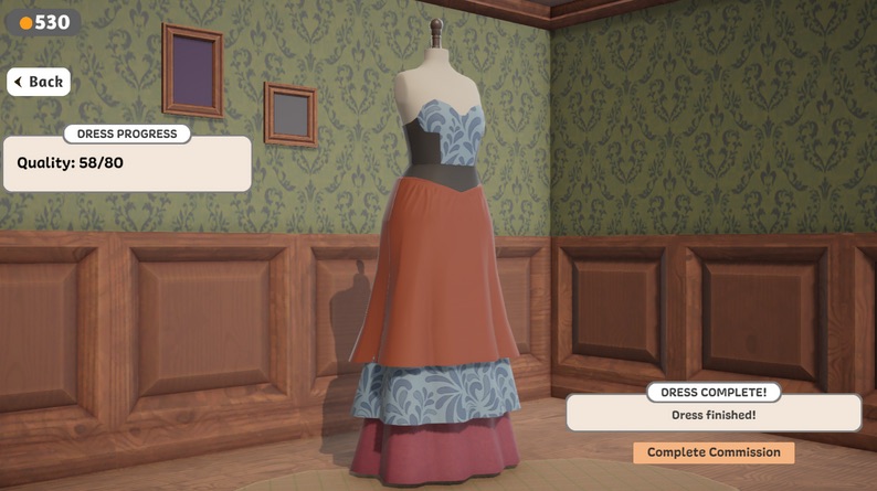 Completed dress displayed on a mannequin in Dressmaker